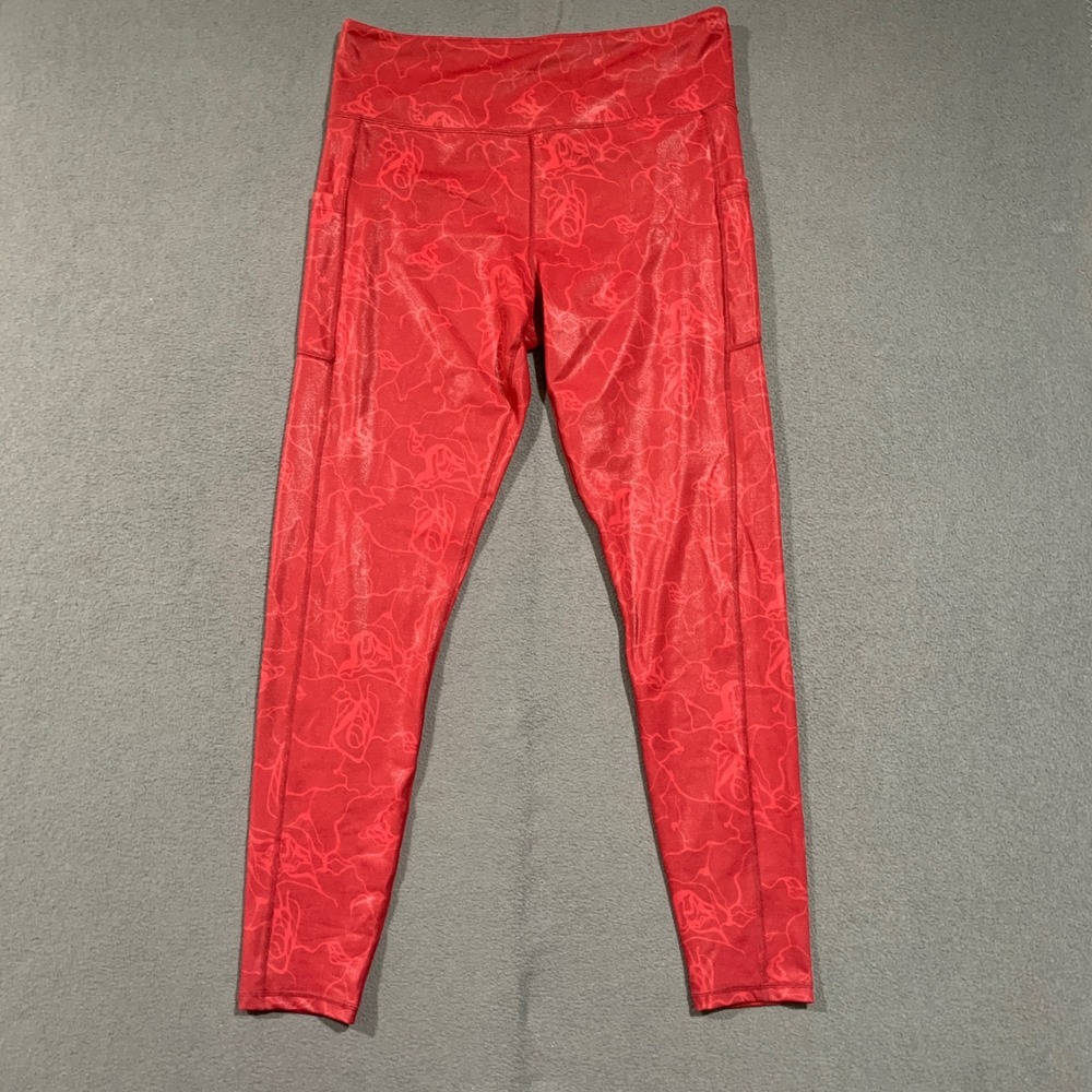 Zyia Active Red Metallic Rose Floral High Waisted Pocket Leggings Size 16-18